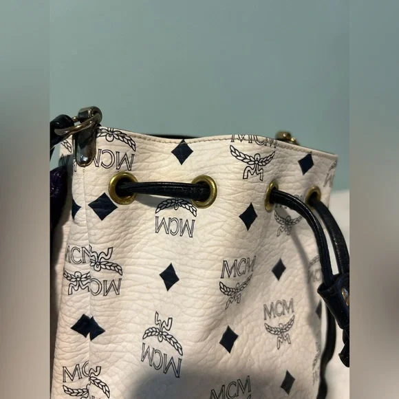 MCM white and blue mini bucket. Authentic and pre-owned